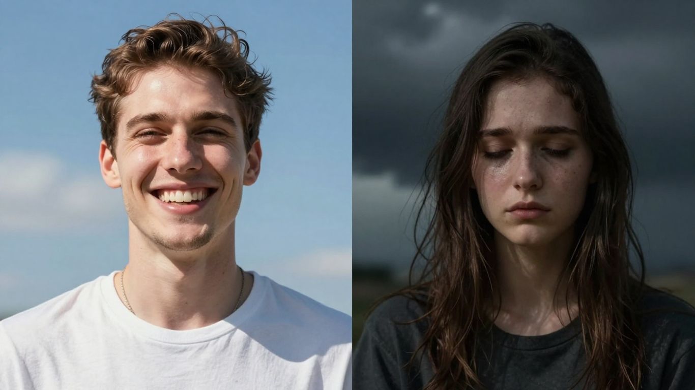 Pessoa com emoções contrastantes, céu claro e nublado.