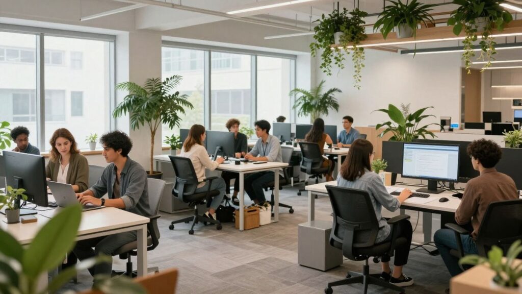 Pessoas felizes e saudáveis em um escritório moderno.