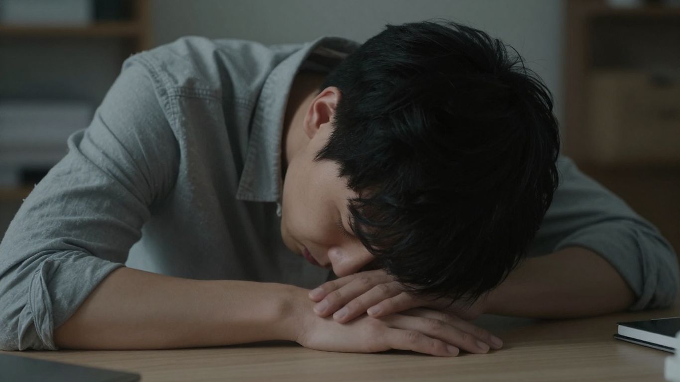 Pessoa exausta sentada em uma mesa com a cabeça nas mãos.