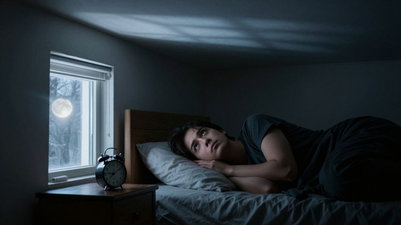 Pessoa acordada na cama, olhando para o teto escuro.