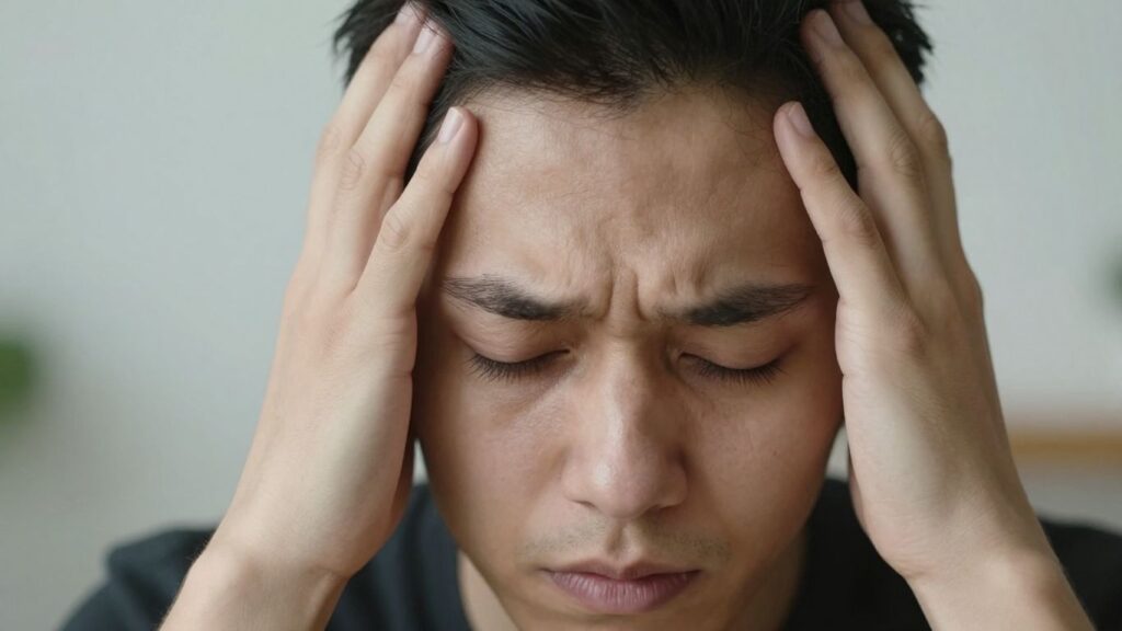 Pessoa com a cabeça nas mãos, expressando cansaço e exaustão.