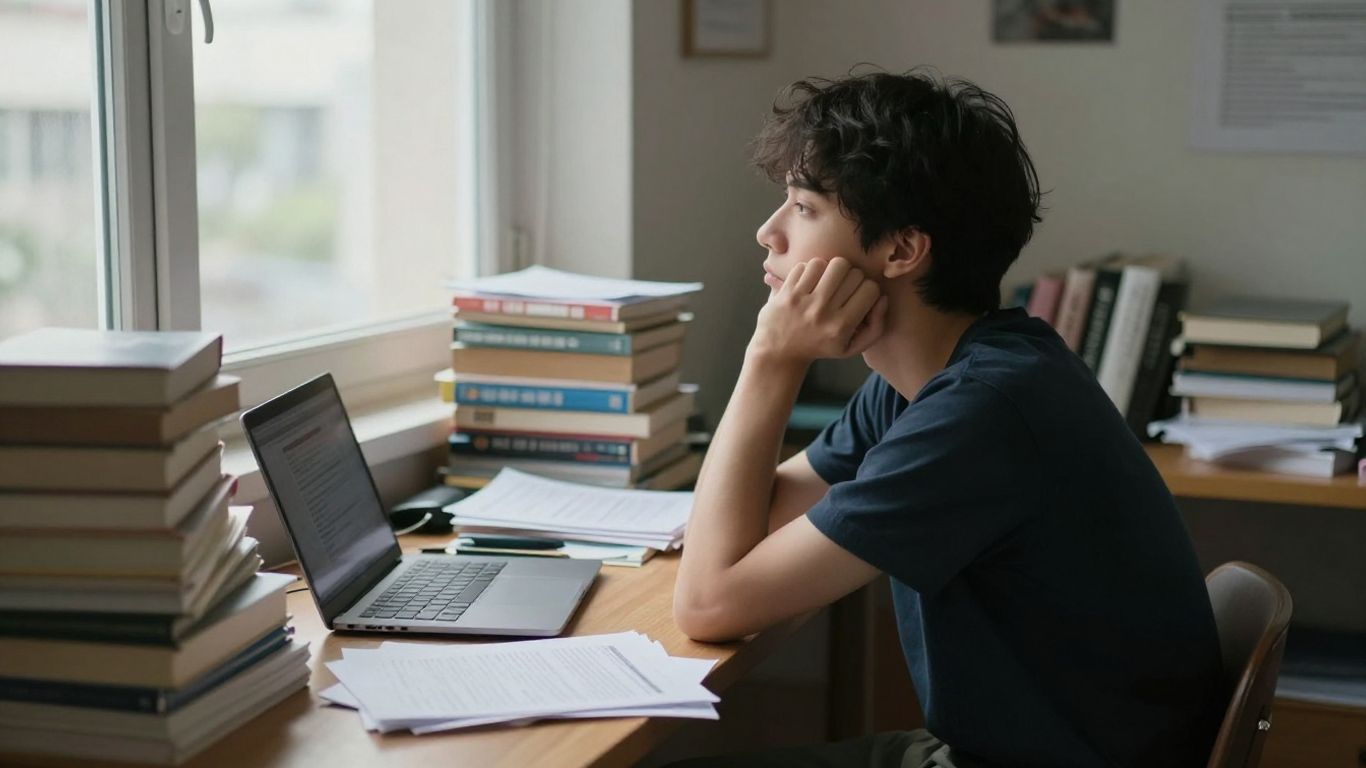 Pessoa distraída olhando pela janela com papéis e livros.