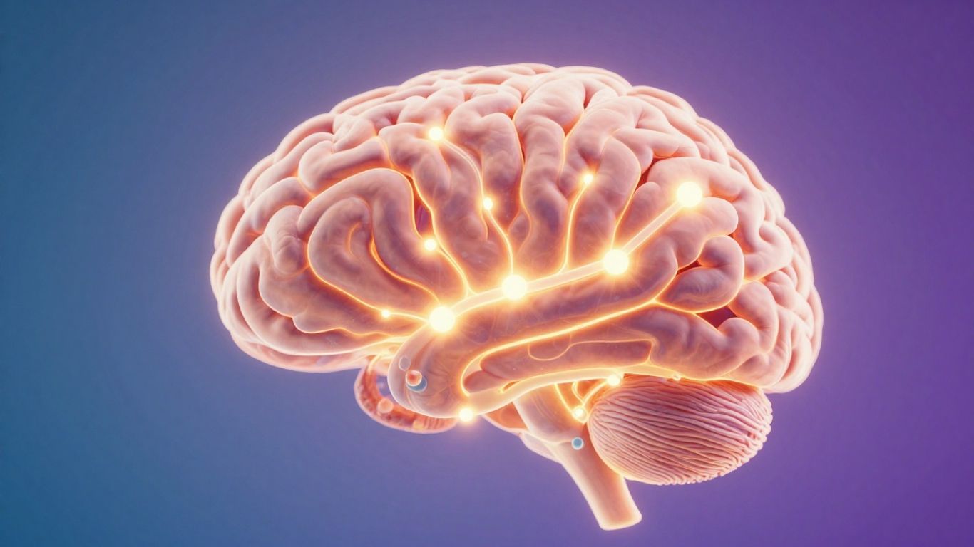 Ilustração de cérebro com moléculas de serotonina
