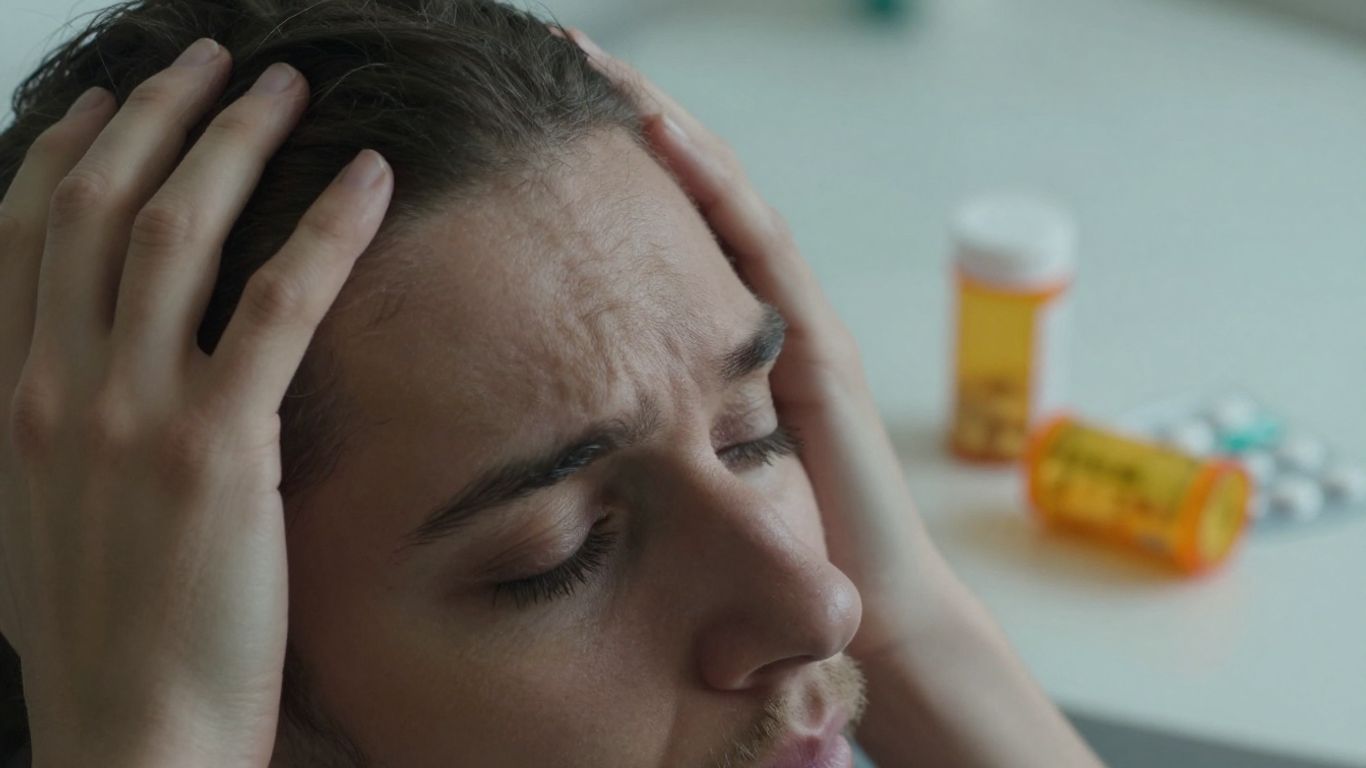 Pessoa com dor de cabeça, antidepressivos ao fundo.