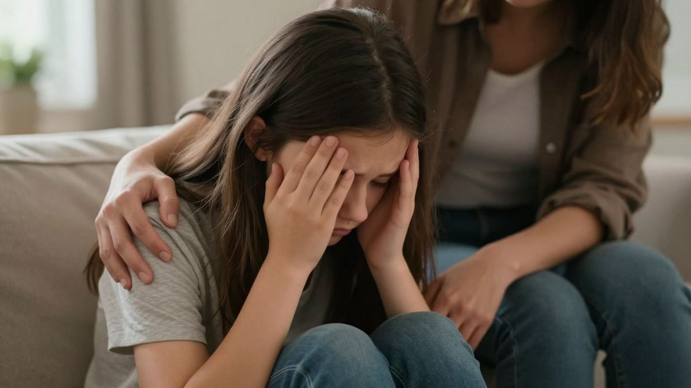 Adolescente triste recebendo apoio de um adulto.