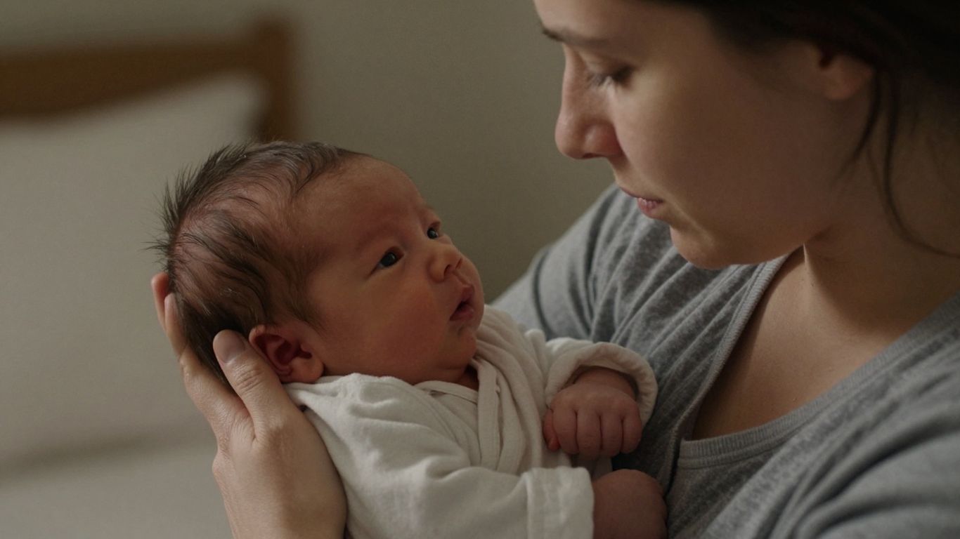 Mãe abraçando seu recém-nascido com carinho e preocupação.