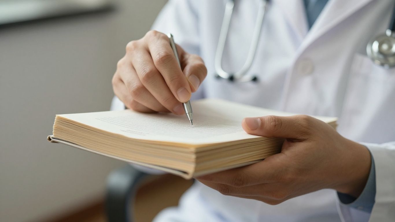 Mãos de médico segurando livros de medicina.