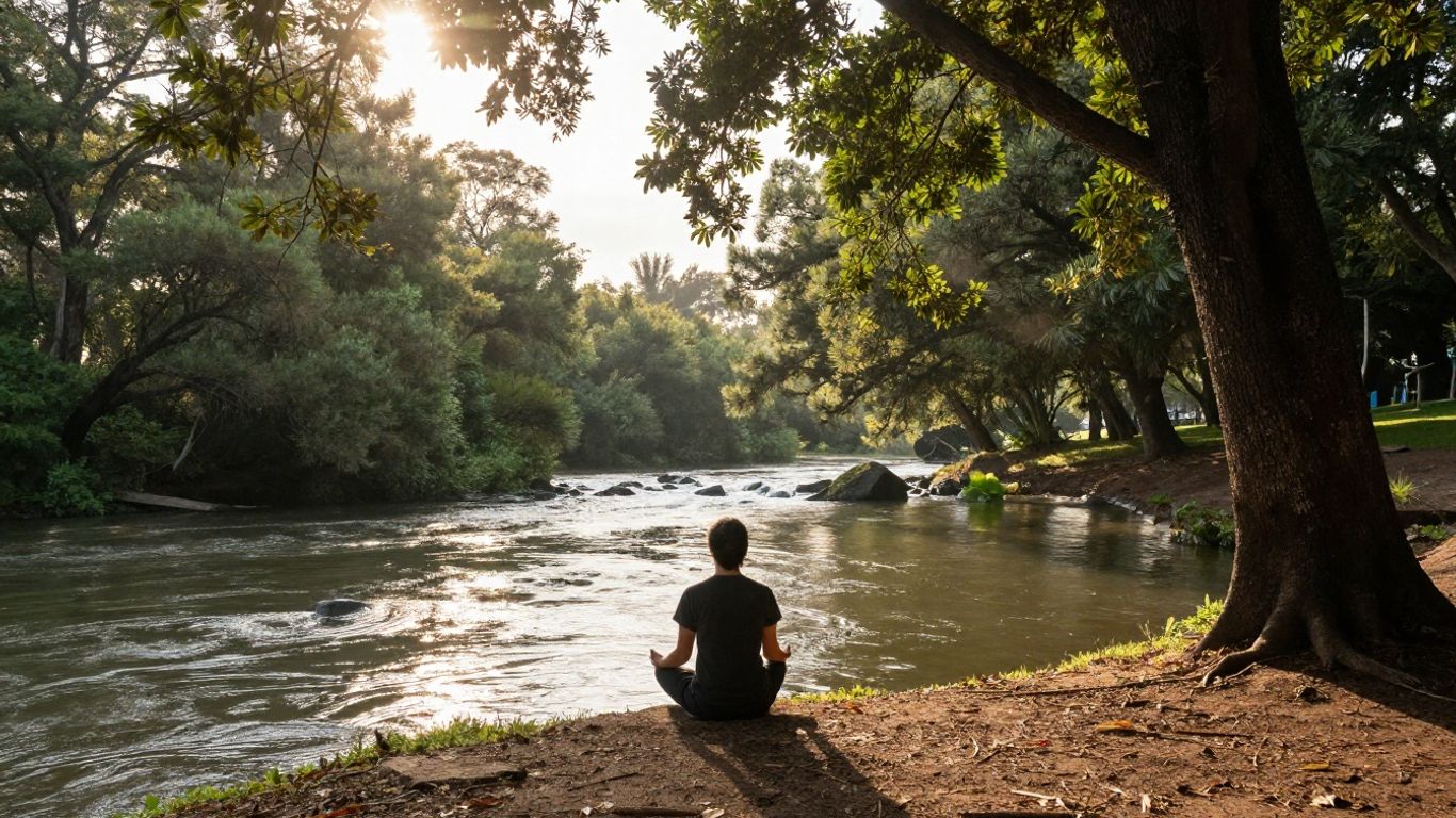 Pessoa meditando em um ambiente natural sereno.