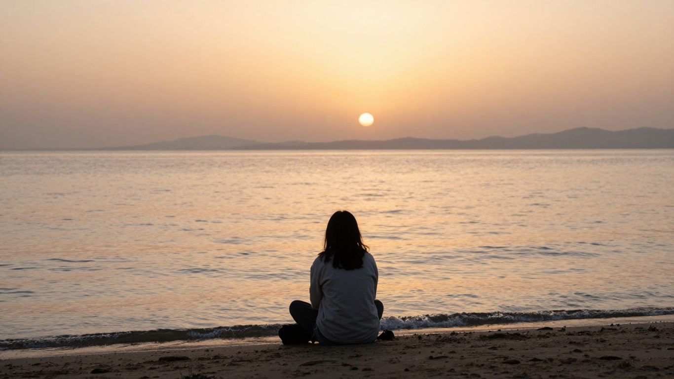 Pessoa relaxando perto de um lago ao pôr do sol.